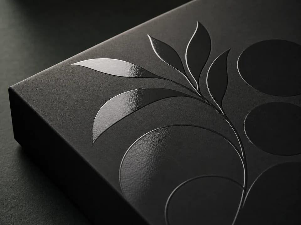 局部 UV 样片 — 哑黑纸面上的局部透明高光图案