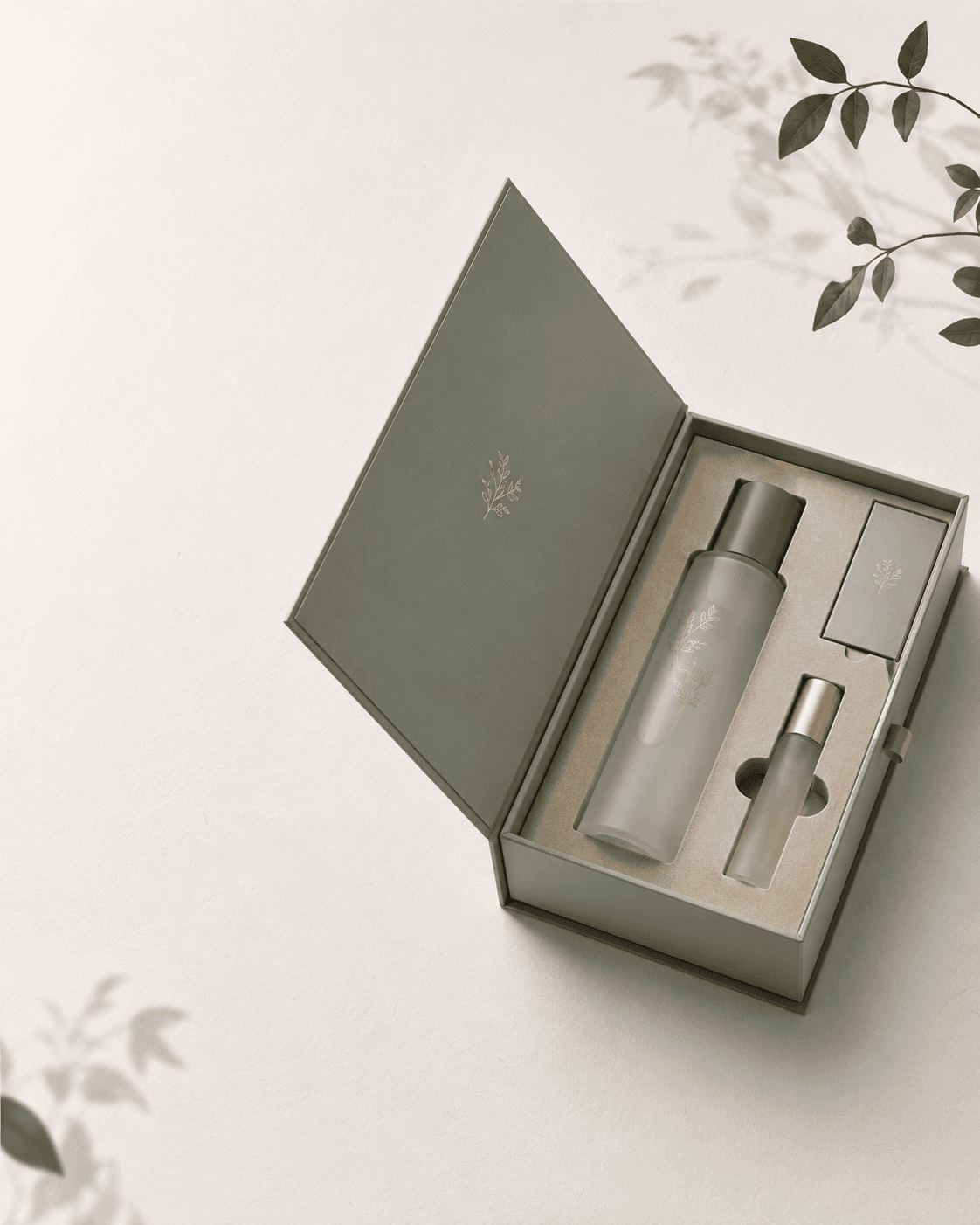 Soft-touch book-style box for a beauty brand with spot UV detail