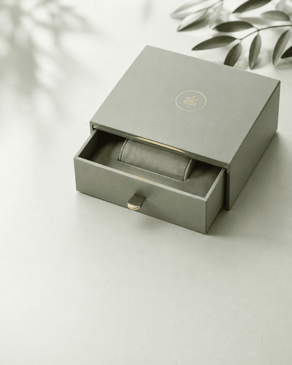 Magnetic drawer box for a jewelry brand — brass foil with soft-touch lamination
