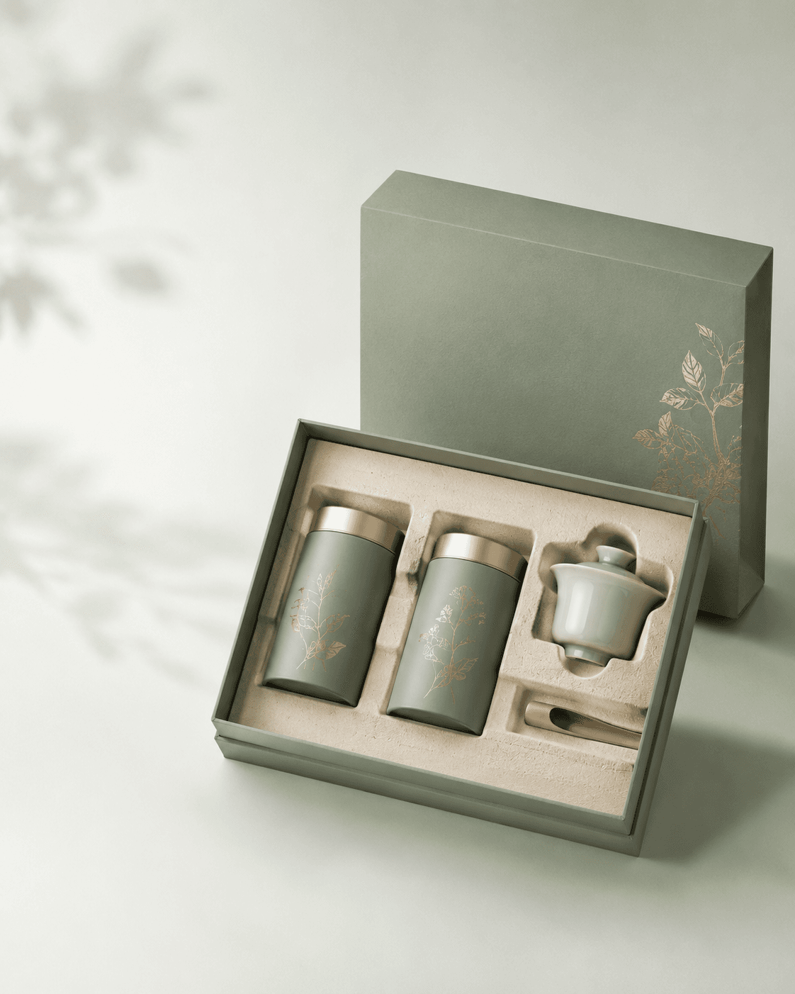 Tea ceremony set in a paper-pulp insert tray with sleeve packaging