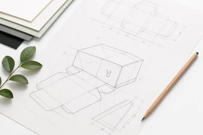 Designer sketching a dieline at the sample table